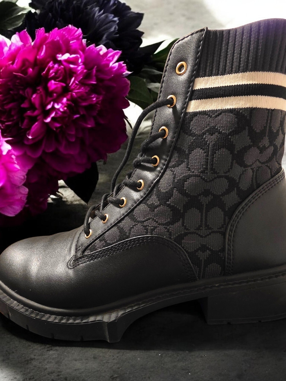 COACH Livia Signature Knit Combat Booties Black Size 8 (With Box) - Picture 5 of 13